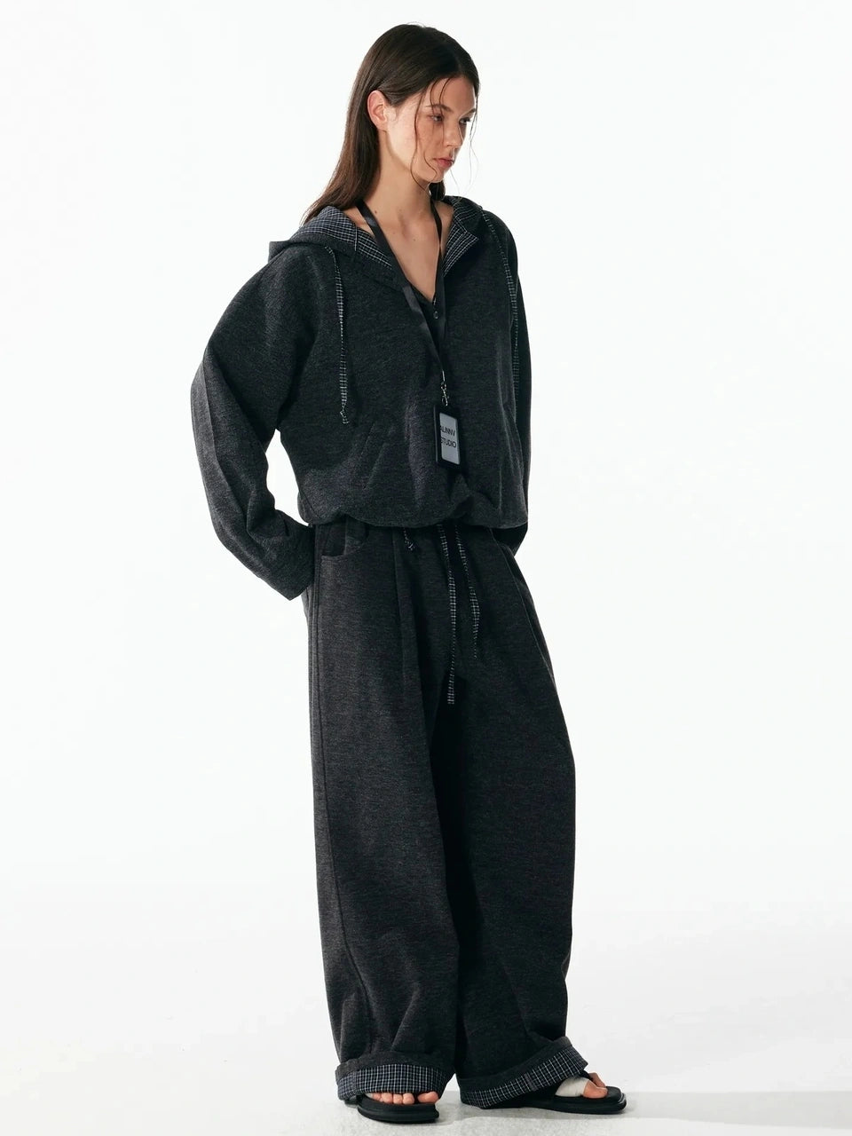 ALINNV STUDIO Retro Plaid Patchwork Hoodie And Relaxed Pants Set Hoodies/Sweatshirt