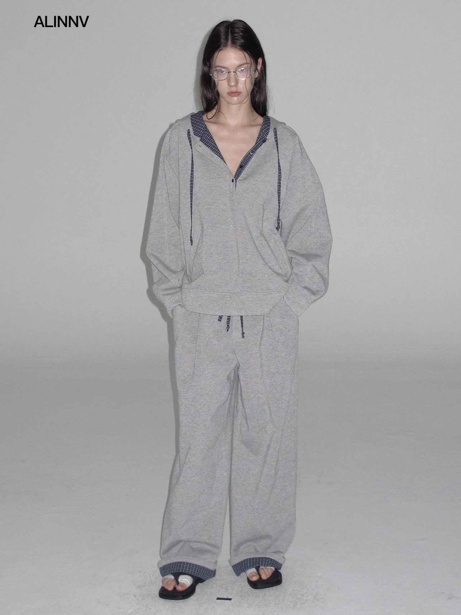 ALINNV STUDIO Retro Plaid Patchwork Hoodie And Relaxed Pants Set Hoodies/Sweatshirt