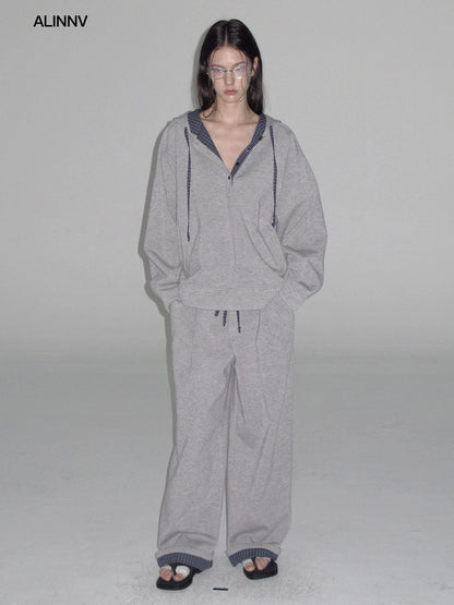 ALINNV STUDIO Retro Plaid Patchwork Hoodie And Relaxed Pants Set Hoodies/Sweatshirt