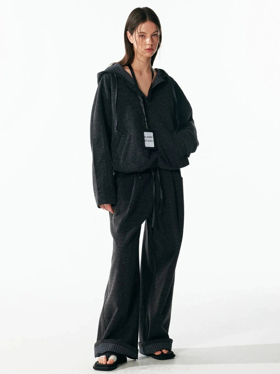 ALINNV STUDIO Retro Plaid Patchwork Hoodie And Relaxed Pants Set Hoodies/Sweatshirt