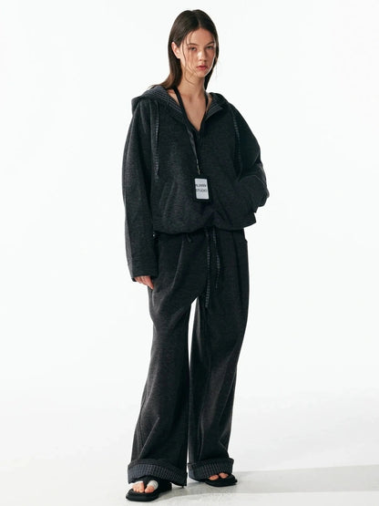 ALINNV STUDIO Retro Plaid Patchwork Hoodie And Relaxed Pants Set Hoodies/Sweatshirt