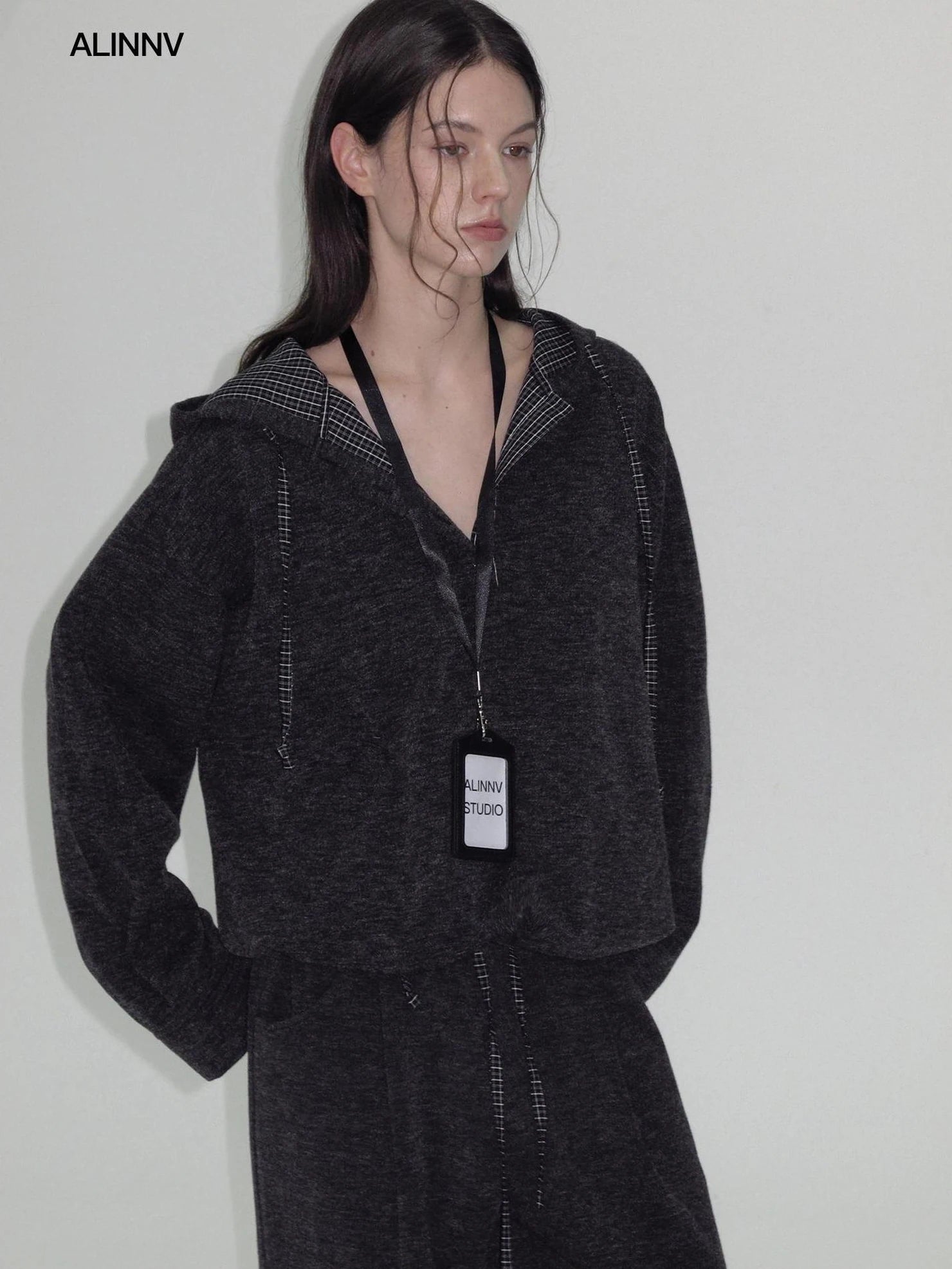 ALINNV STUDIO Retro Plaid Patchwork Hoodie And Relaxed Pants Set Hoodies/Sweatshirt