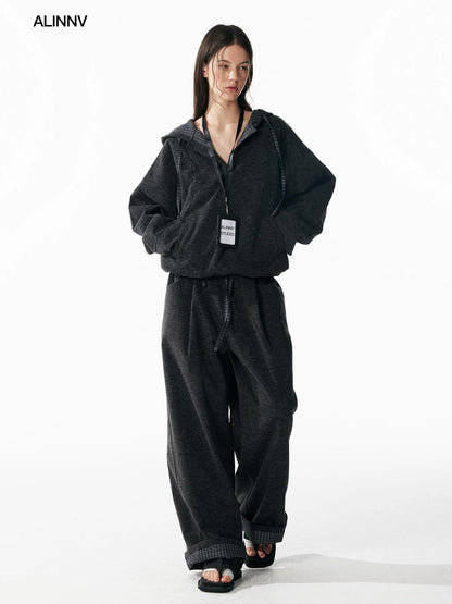 ALINNV STUDIO Retro Plaid Patchwork Hoodie And Relaxed Pants Set Hoodies/Sweatshirt