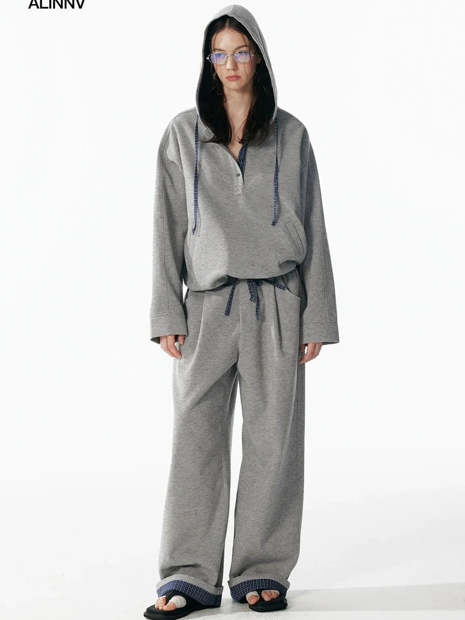 ALINNV STUDIO Retro Plaid Patchwork Hoodie And Relaxed Pants Set Hoodies/Sweatshirt