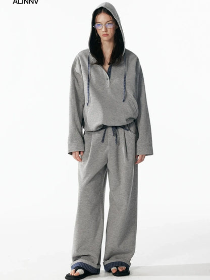 ALINNV STUDIO Retro Plaid Patchwork Hoodie And Relaxed Pants Set Hoodies/Sweatshirt