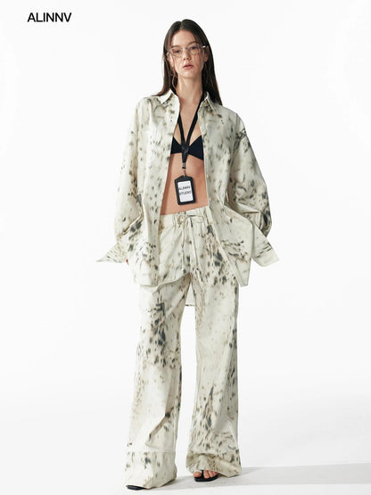 Retro Wild Leopard Print Loose Shirt And Straight Pants Set Shirts