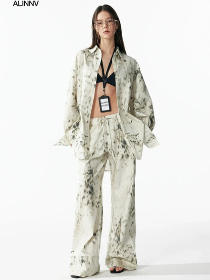 Retro Wild Leopard Print Loose Shirt And Straight Pants Set Shirts