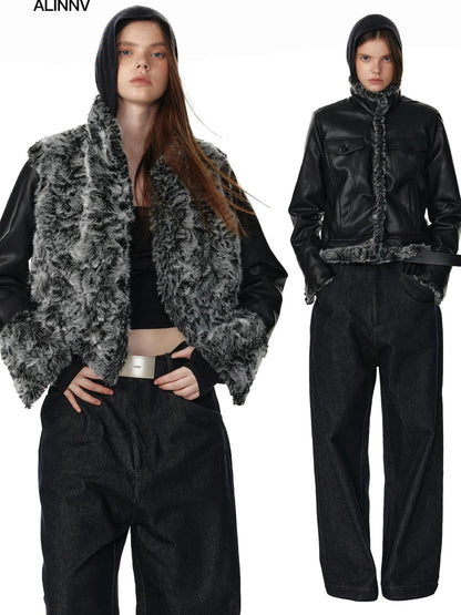 Reversible Faux Fur Denim Leather Short Jacket Jacket