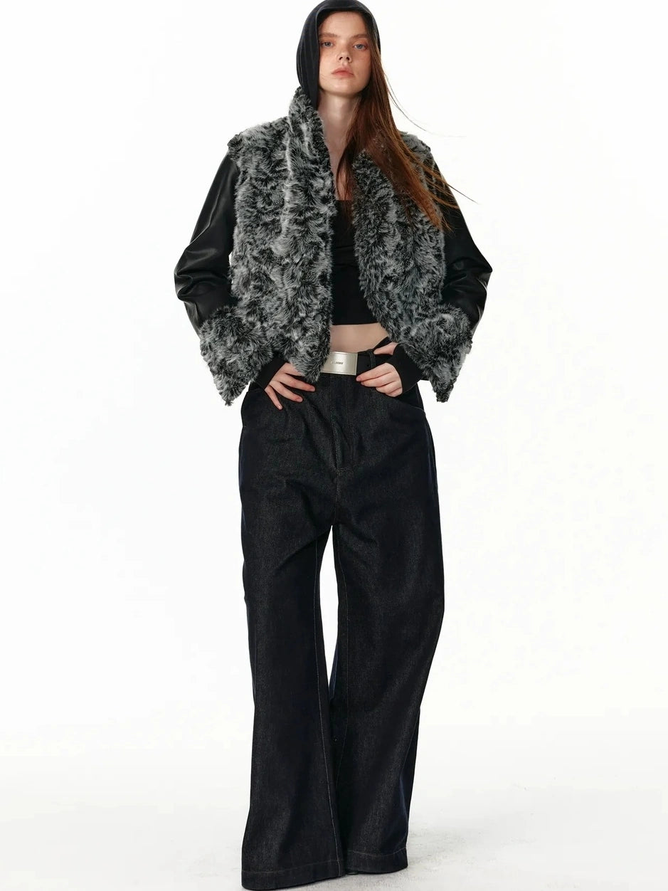 Reversible Faux Fur Denim Leather Short Jacket Jacket