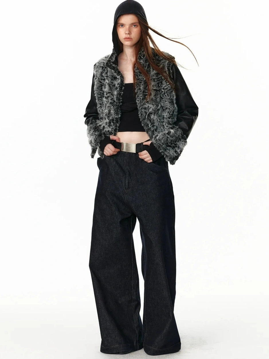 Reversible Faux Fur Denim Leather Short Jacket Jacket