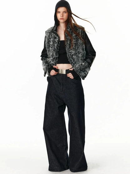 Reversible Faux Fur Denim Leather Short Jacket Jacket