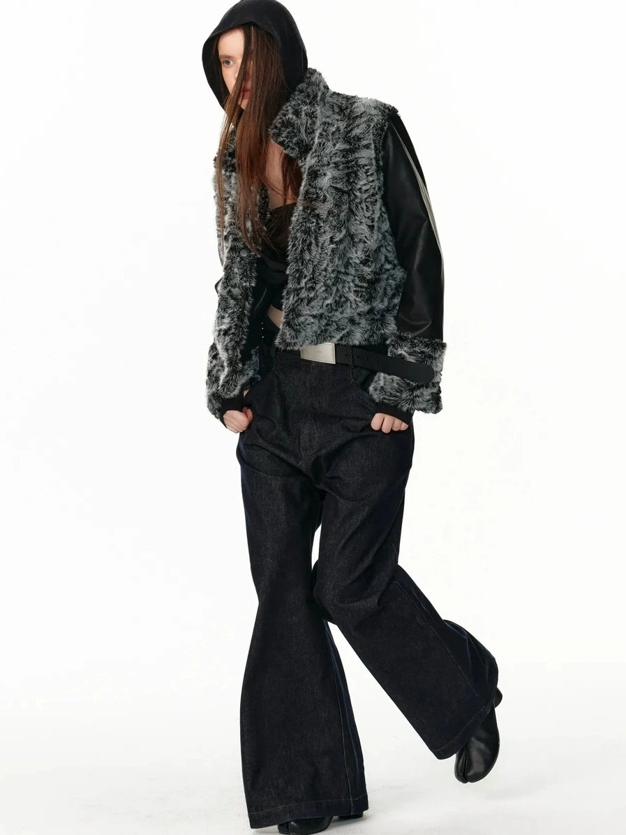 Reversible Faux Fur Denim Leather Short Jacket Jacket