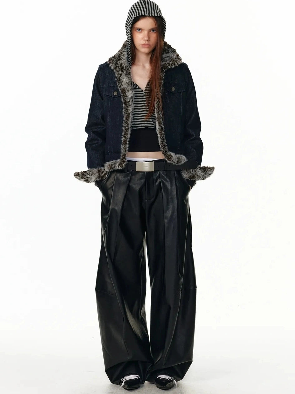 Reversible Faux Fur Denim Leather Short Jacket Jacket