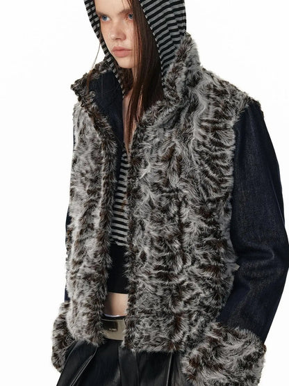 Reversible Faux Fur Denim Leather Short Jacket Jacket