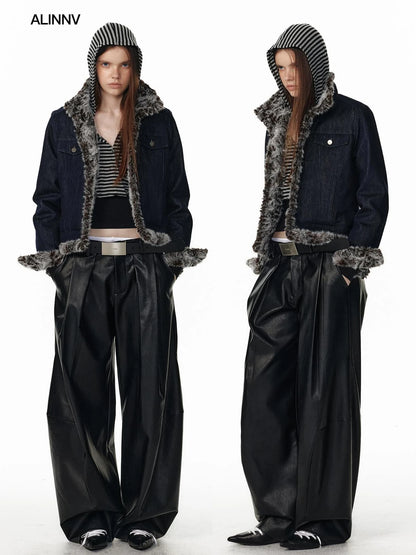 Reversible Faux Fur Denim Leather Short Jacket Jacket