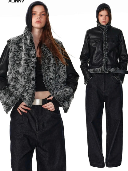 Reversible Faux Fur Denim Leather Short Jacket Jacket
