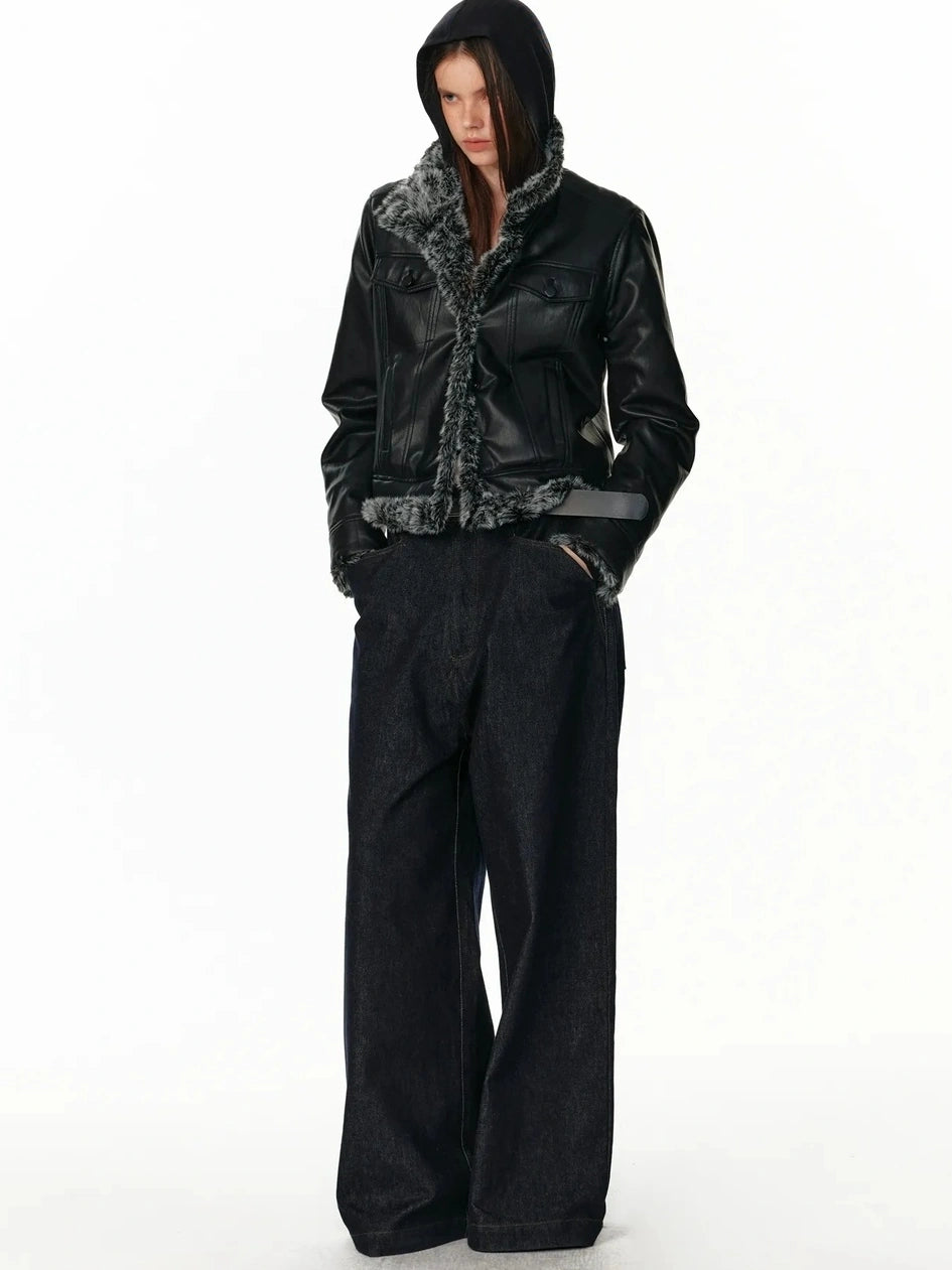 Reversible Faux Fur Denim Leather Short Jacket Jacket