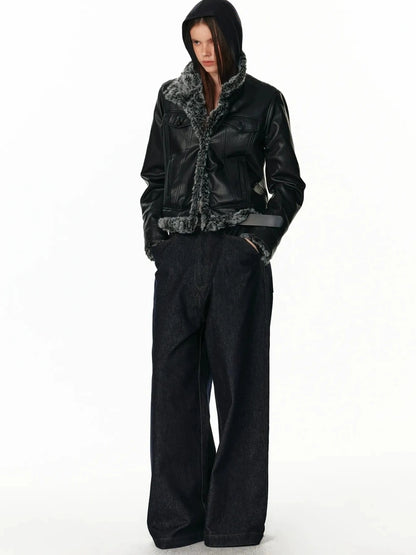 Reversible Faux Fur Denim Leather Short Jacket Jacket