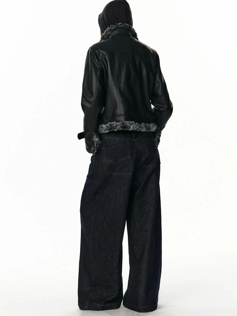 Reversible Faux Fur Denim Leather Short Jacket Jacket