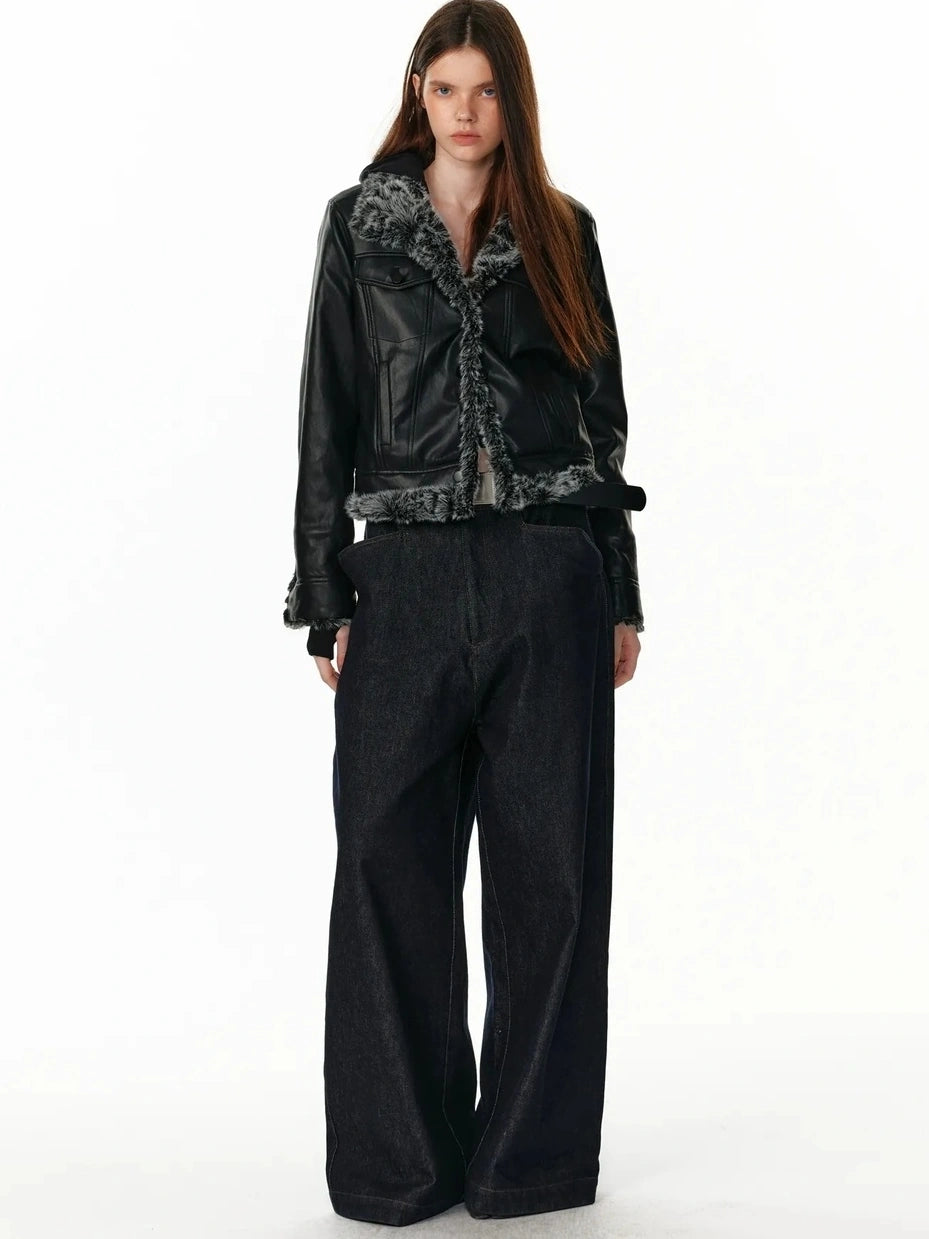 Reversible Faux Fur Denim Leather Short Jacket Jacket