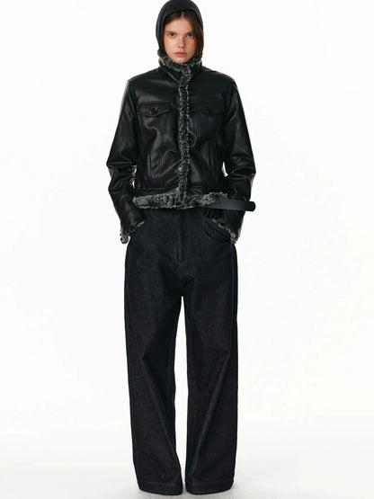 Reversible Faux Fur Denim Leather Short Jacket Jacket