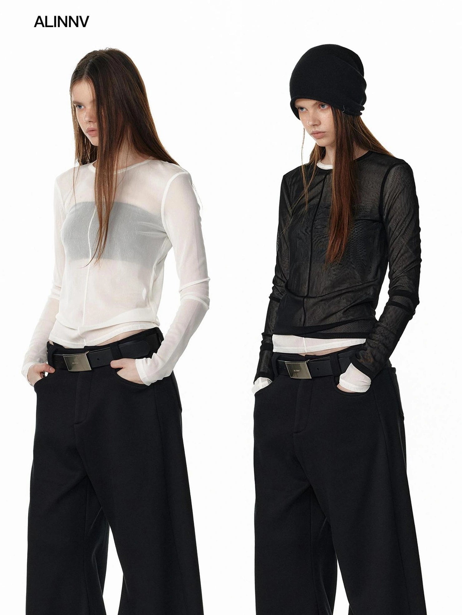 ALINNV STUDIO Sheer Mesh Long Sleeve Top With Split Front T-shirt