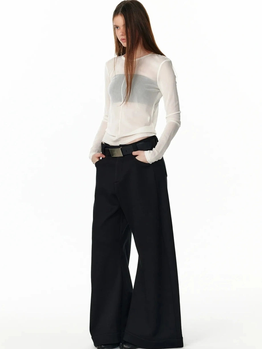 ALINNV STUDIO Sheer Mesh Long Sleeve Top With Split Front T-shirt