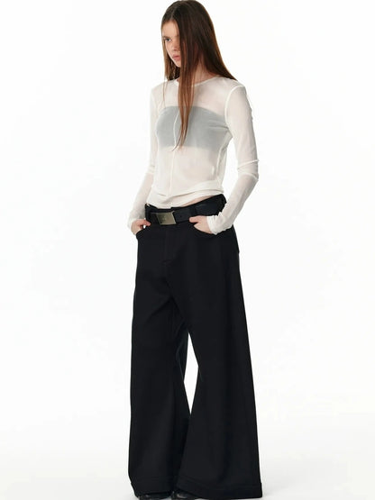 ALINNV STUDIO Sheer Mesh Long Sleeve Top With Split Front T-shirt