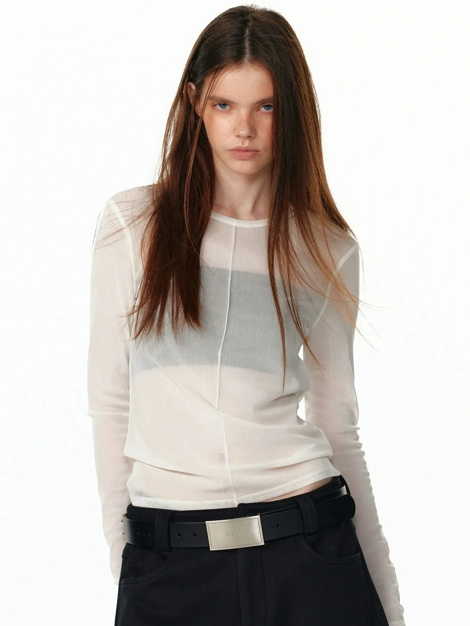 ALINNV STUDIO Sheer Mesh Long Sleeve Top With Split Front T-shirt