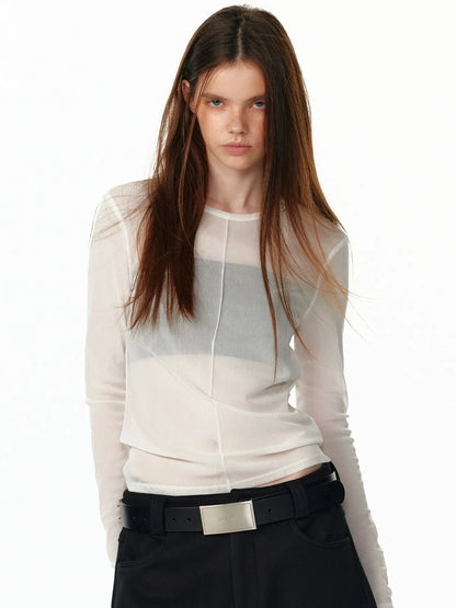 ALINNV STUDIO Sheer Mesh Long Sleeve Top With Split Front T-shirt