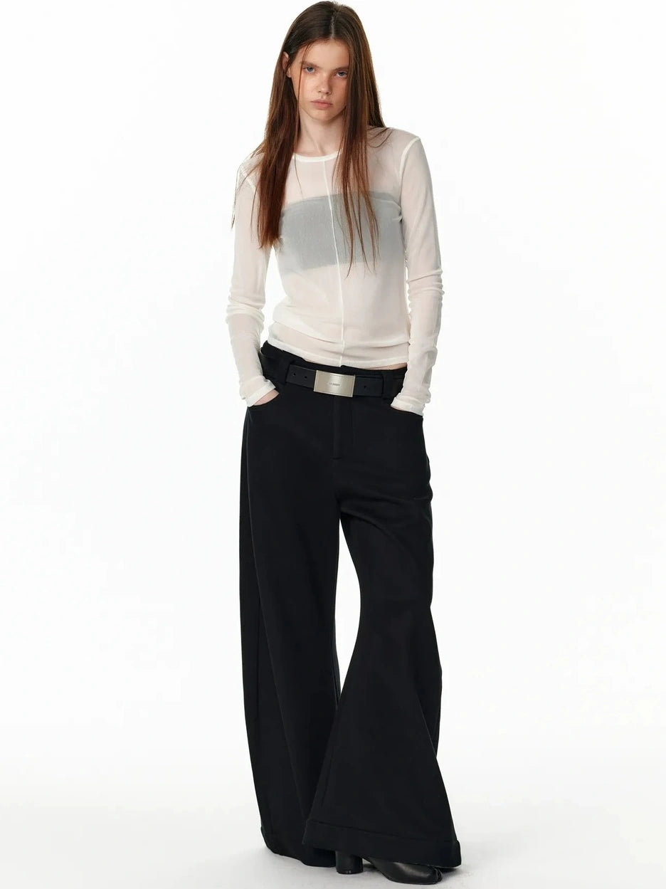 ALINNV STUDIO Sheer Mesh Long Sleeve Top With Split Front T-shirt