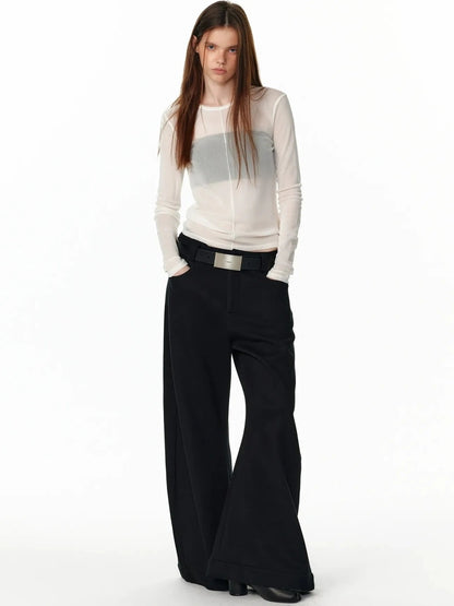 ALINNV STUDIO Sheer Mesh Long Sleeve Top With Split Front T-shirt