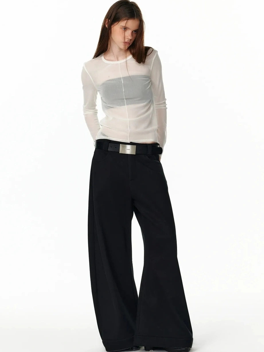 ALINNV STUDIO Sheer Mesh Long Sleeve Top With Split Front T-shirt