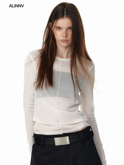 ALINNV STUDIO Sheer Mesh Long Sleeve Top With Split Front T-shirt