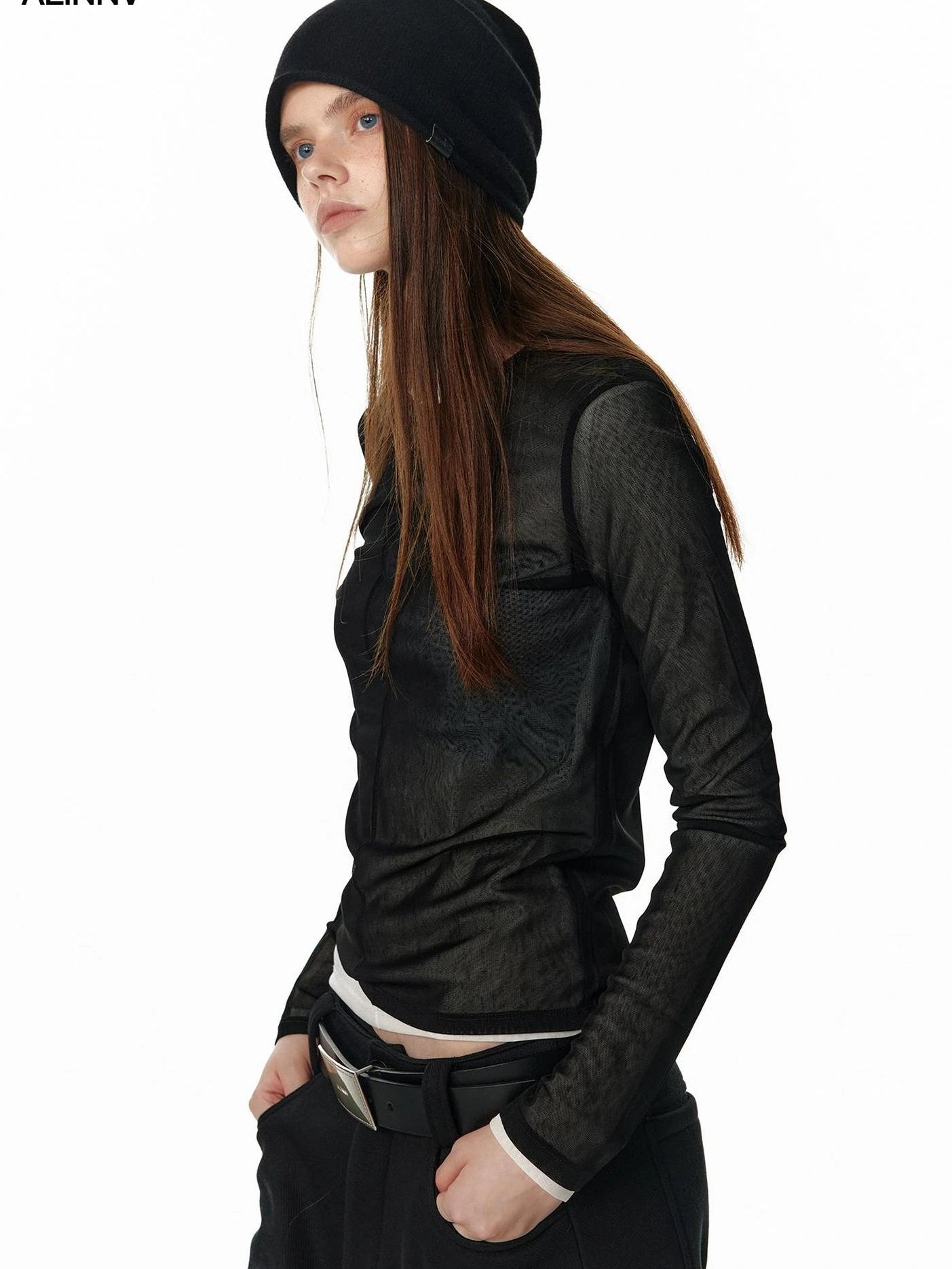 ALINNV STUDIO Sheer Mesh Long Sleeve Top With Split Front T-shirt