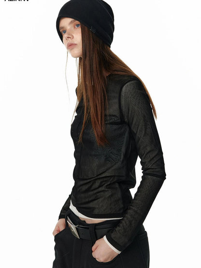 ALINNV STUDIO Sheer Mesh Long Sleeve Top With Split Front T-shirt