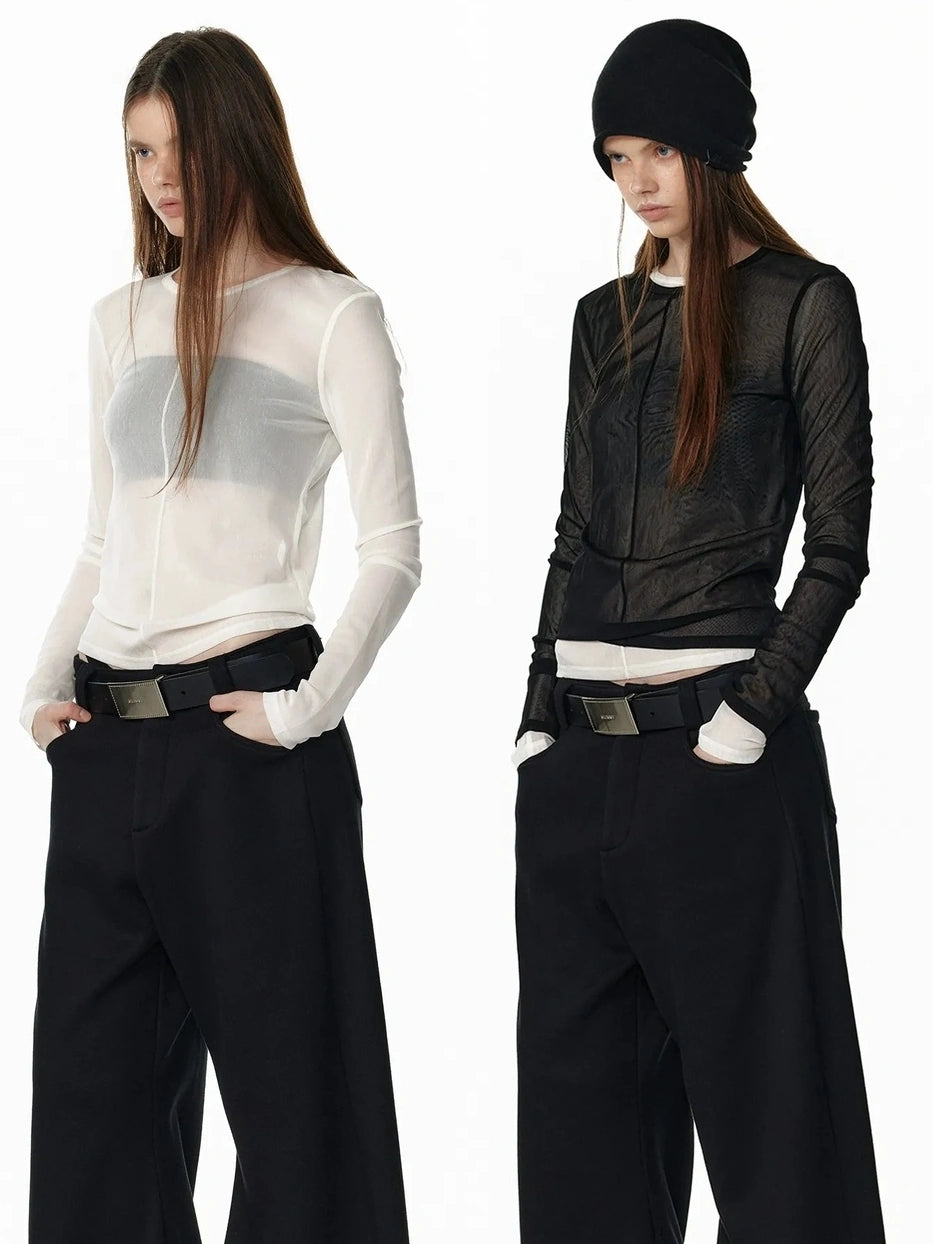 ALINNV STUDIO Sheer Mesh Long Sleeve Top With Split Front T-shirt