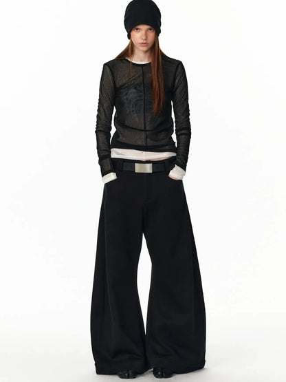 ALINNV STUDIO Sheer Mesh Long Sleeve Top With Split Front T-shirt