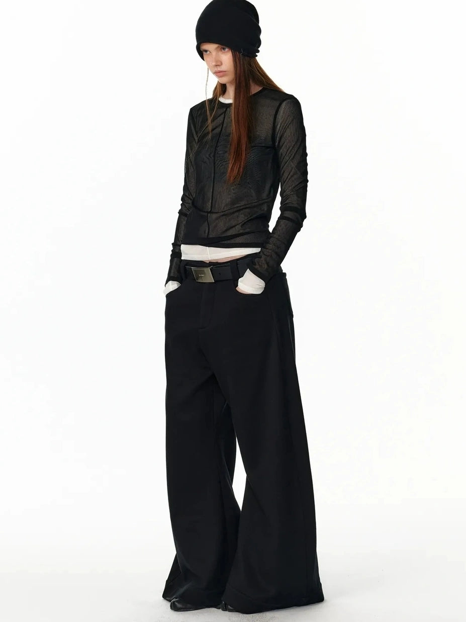 ALINNV STUDIO Sheer Mesh Long Sleeve Top With Split Front T-shirt