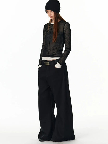 ALINNV STUDIO Sheer Mesh Long Sleeve Top With Split Front T-shirt