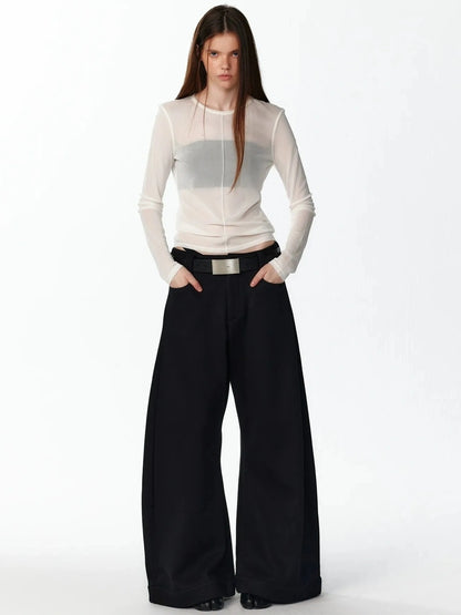 ALINNV STUDIO Sheer Mesh Long Sleeve Top With Split Front T-shirt