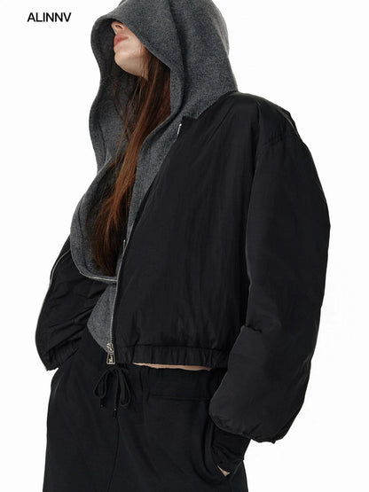 ALINNV STUDIO Short Puffer Jacket 90 White Duck Down Round Neck Down Jacket