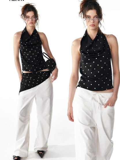 ALINNV STUDIO Silver Dot Draped Backless Tank Top Tank Top/Camisole