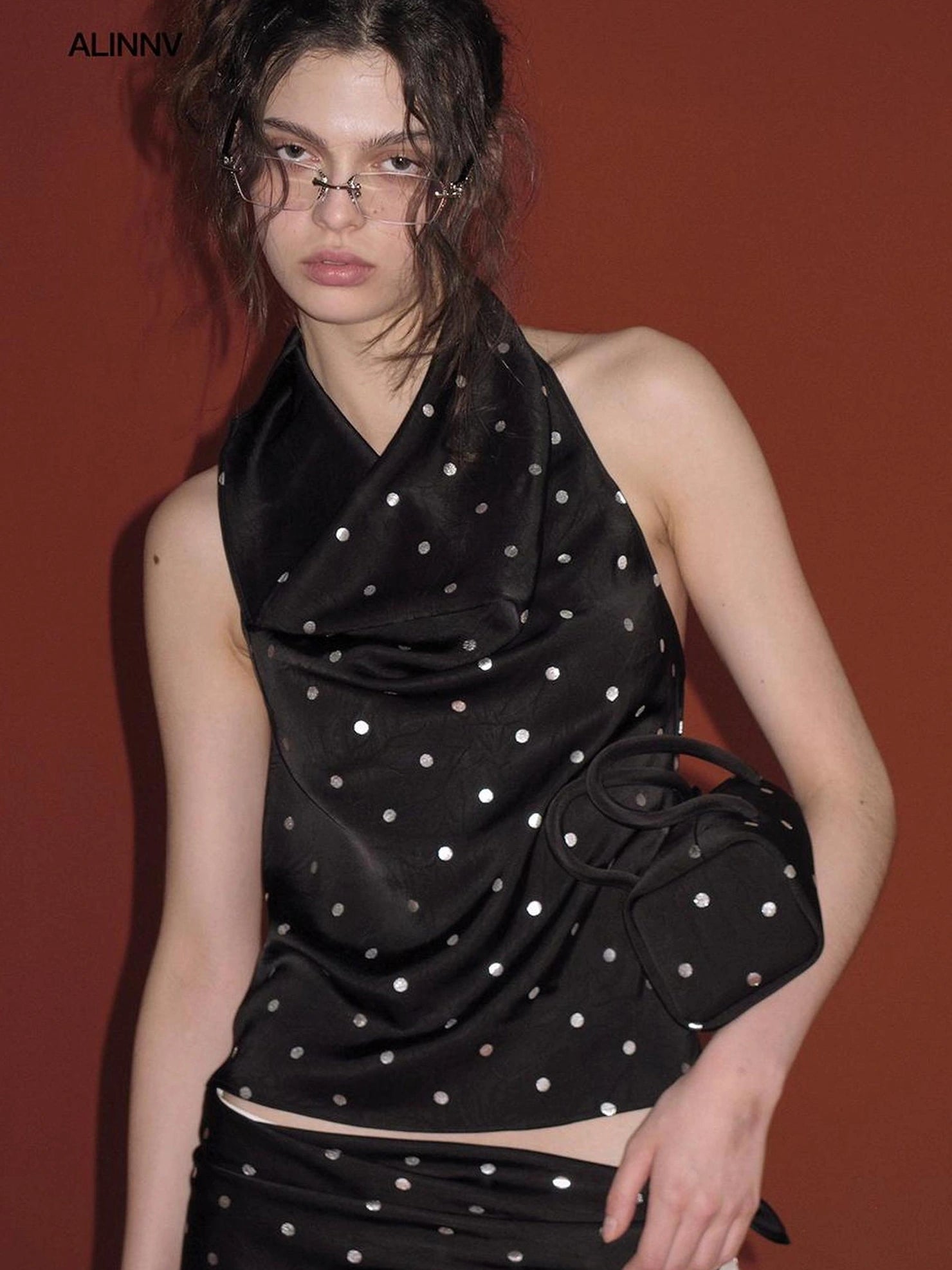 ALINNV STUDIO Silver Dot Draped Backless Tank Top Tank Top/Camisole