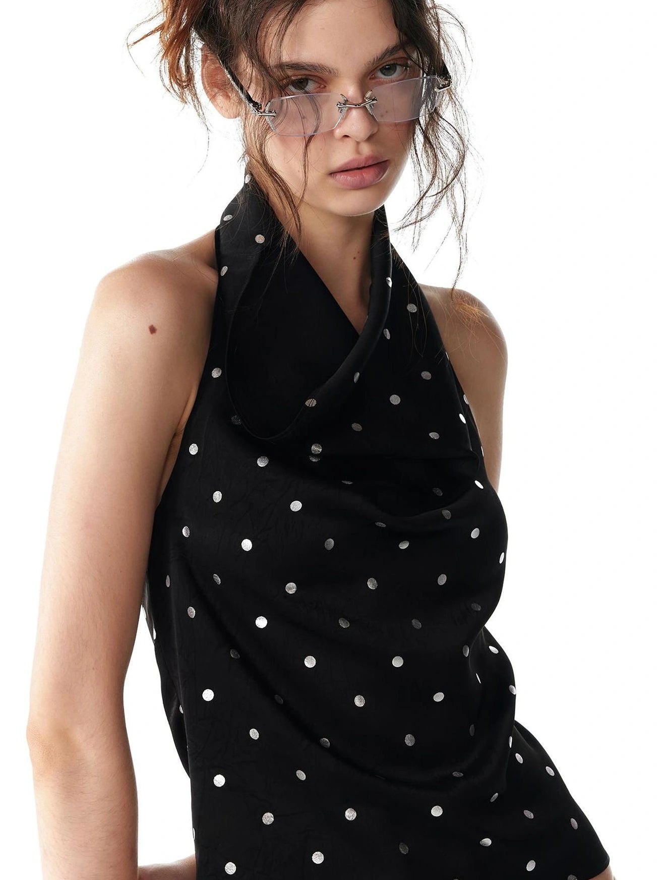 ALINNV STUDIO Silver Dot Draped Backless Tank Top Tank Top/Camisole