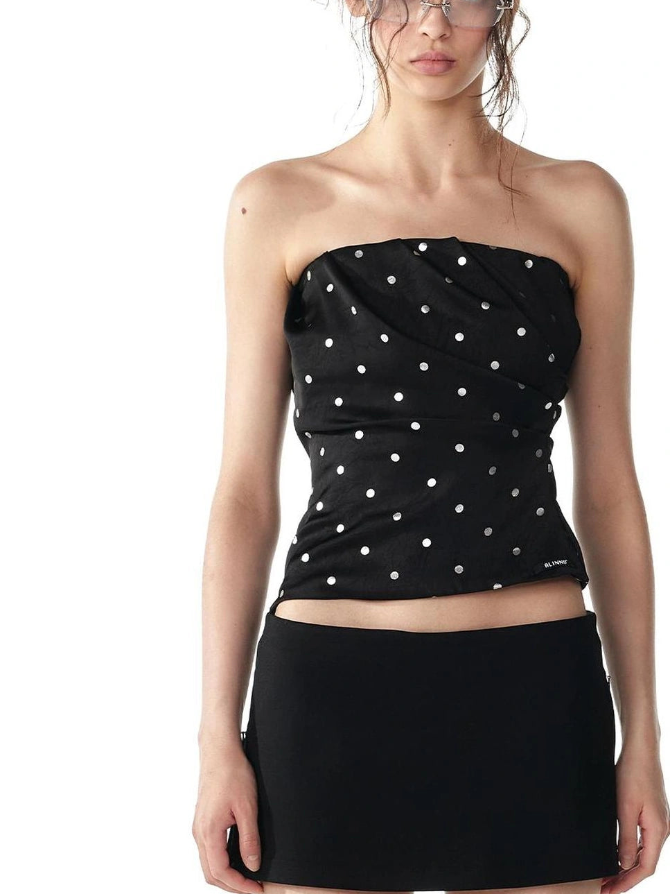 ALINNV STUDIO Silver Dot Pleated Strapless Crop Top Bikini