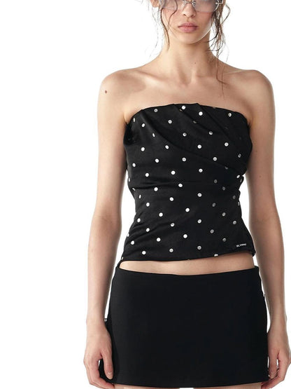 ALINNV STUDIO Silver Dot Pleated Strapless Crop Top Bikini