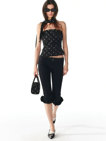 ALINNV STUDIO Silver Dot Pleated Strapless Crop Top Bikini