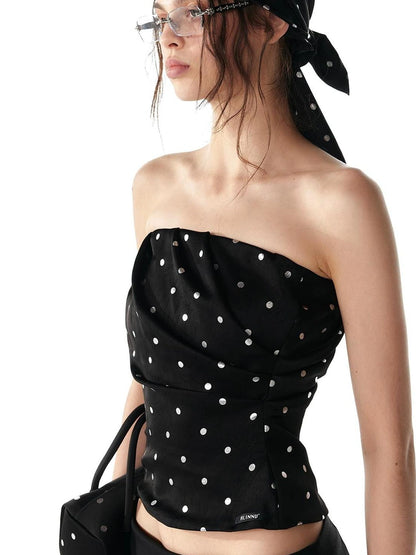 ALINNV STUDIO Silver Dot Pleated Strapless Crop Top Bikini