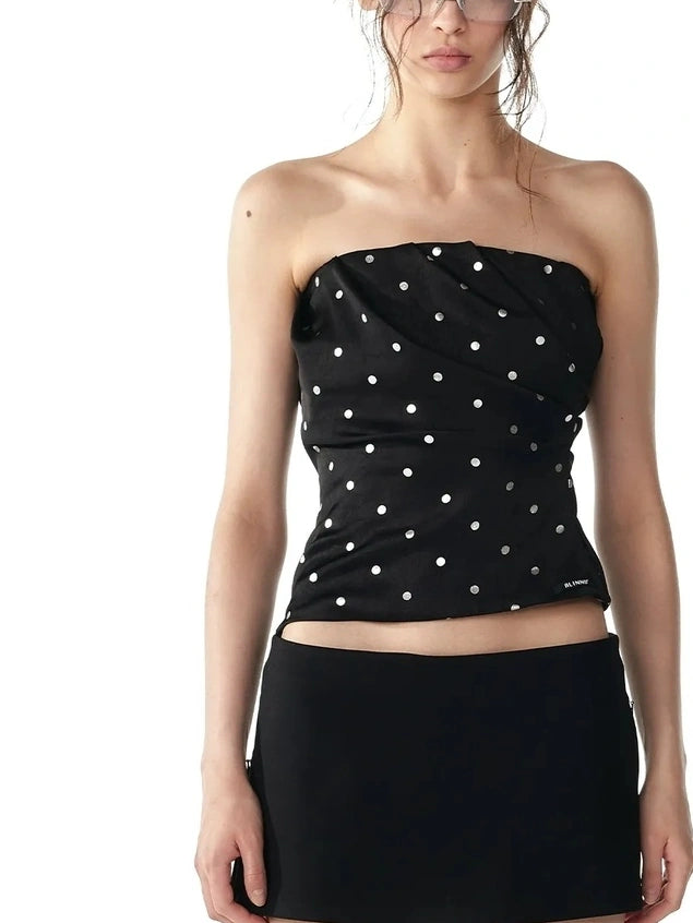 ALINNV STUDIO Silver Dot Pleated Strapless Crop Top Bikini